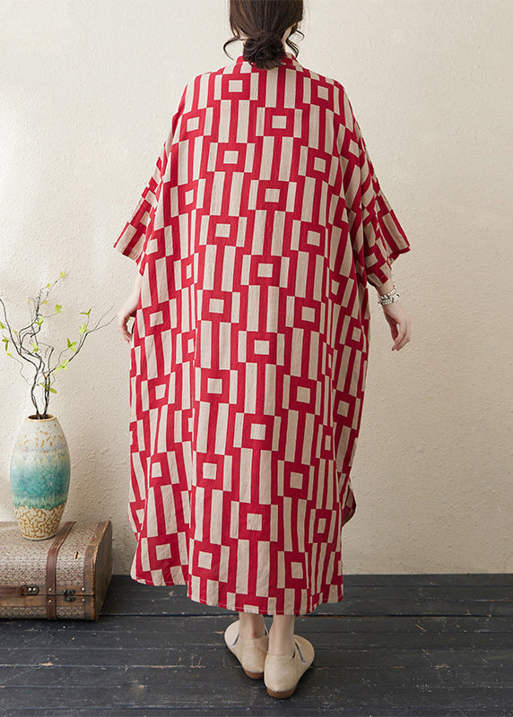 Stylish Red Stand Collar Striped Side Open Long Dress Bracelet Sleeve