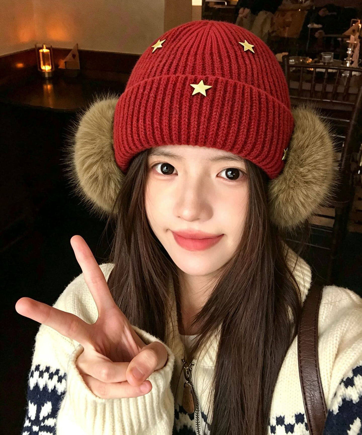 Stylish Red Star Warm Fleece Knit Bonnie Hat