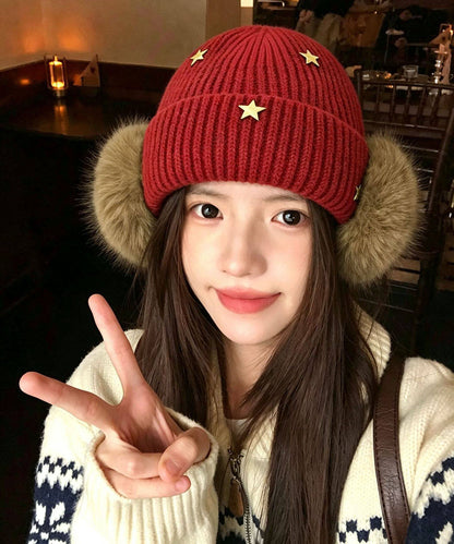Stylish Red Star Warm Fleece Knit Bonnie Hat