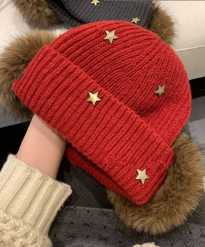 Stylish Red Star Warm Fleece Knit Bonnie Hat