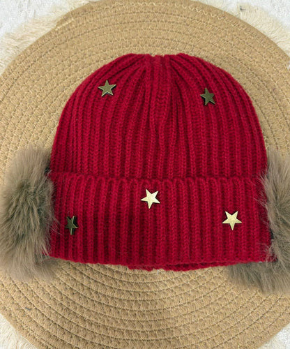 Stylish Red Star Warm Fleece Knit Bonnie Hat