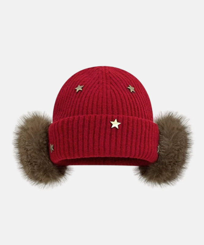 Stylish Red Star Warm Fleece Knit Bonnie Hat