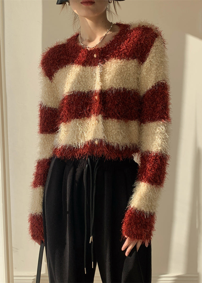 Stylish Red Striped Fluffy Button Knit Cardigans Spring