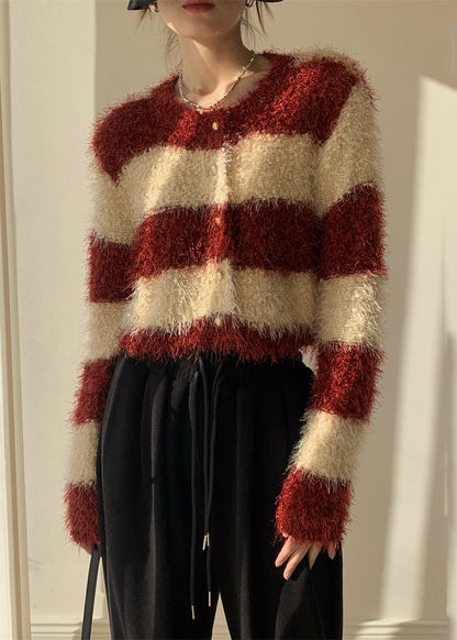 Stylish Red Striped Fluffy Button Knit Cardigans Spring