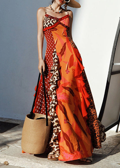 Stylish Red V Neck Print Long Spaghetti Stra Sundress Summer
