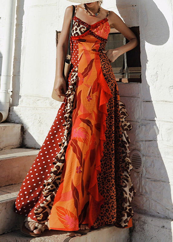 Stylish Red V Neck Print Long Spaghetti Stra Sundress Summer