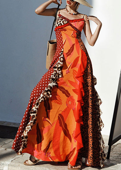 Stylish Red V Neck Print Long Spaghetti Stra Sundress Summer