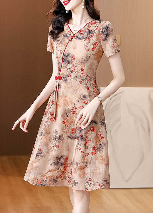 Stylish Red V Neck Print Tasseled Chiffon Mid Dress Summer