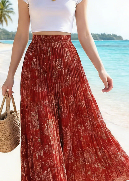 Stylish Red Wrinkled Print Chiffon Skirts Summer