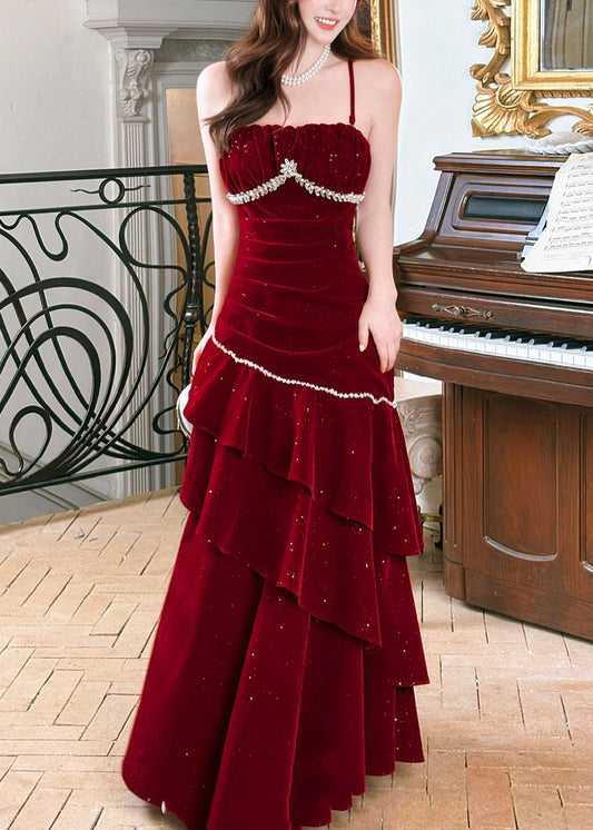 Stylish Red Zircon Ruffled Silk Velvet Maxi Spaghetti Strapi Dresses Summer