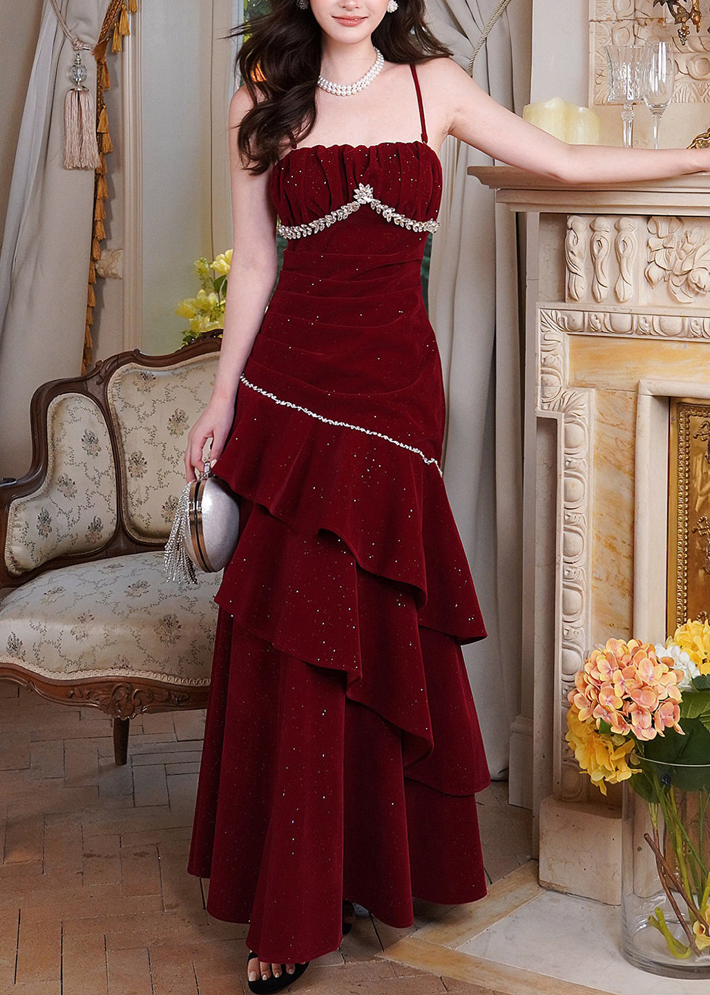 Stylish Red Zircon Ruffled Silk Velvet Maxi Spaghetti Strapi Dresses Summer