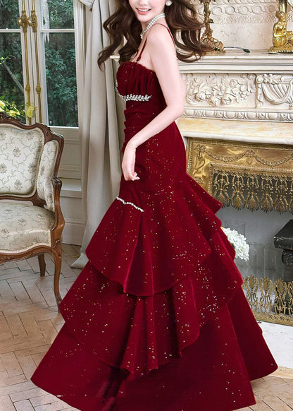 Stylish Red Zircon Ruffled Silk Velvet Maxi Spaghetti Strapi Dresses Summer