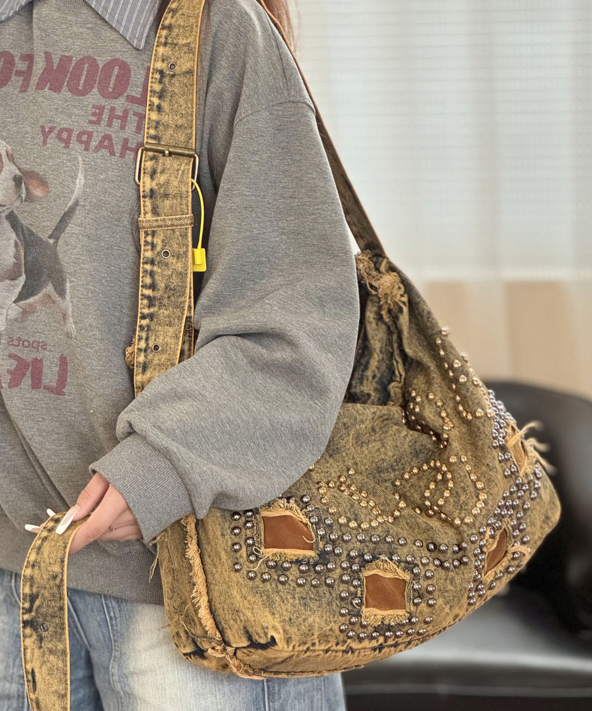 Stylish Ripped Rivet Denim Versatile Shoulder Crossbody Bag
