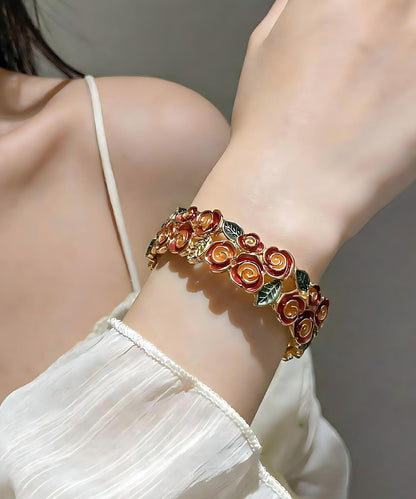 Stylish Rose Alloy Hollow Out Floral Enamel Bangle