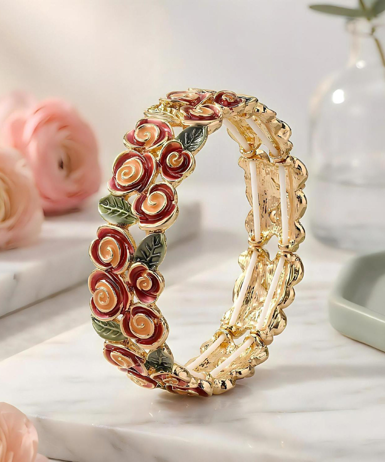 Stylish Rose Alloy Hollow Out Floral Enamel Bangle