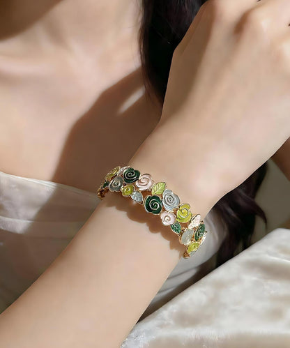 Stylish Rose Alloy Hollow Out Floral Enamel Bangle