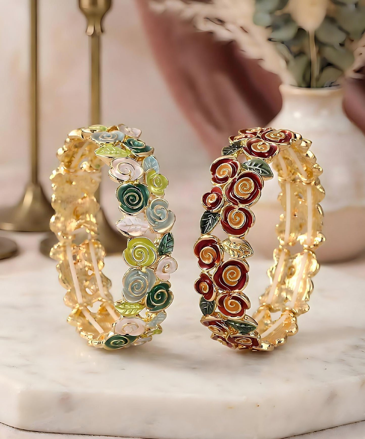 Stylish Rose Alloy Hollow Out Floral Enamel Bangle