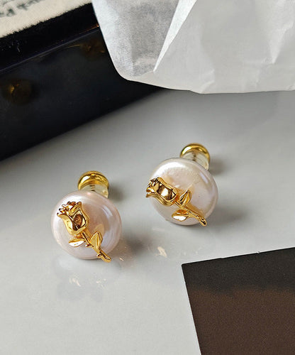 Stylish Rose Copper Baroque Pearl Stud Earrings