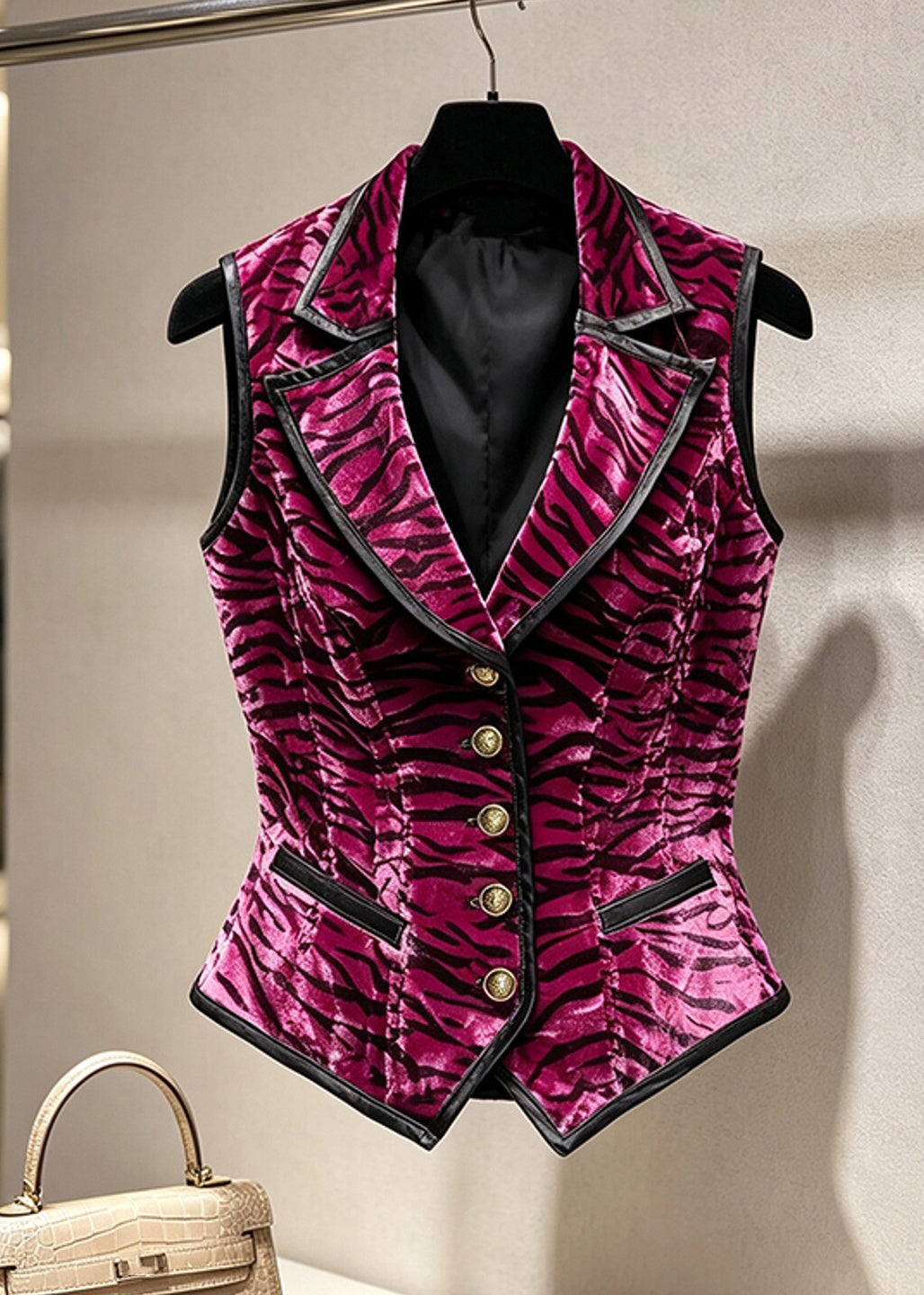 Stylish Rose Notched Button Striped Waistcoat Sleeveless