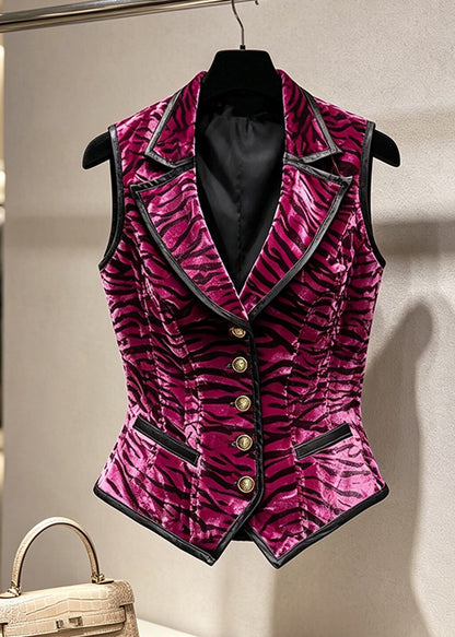 Stylish Rose Notched Button Striped Waistcoat Sleeveless