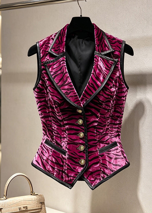 Stylish Rose Notched Button Striped Waistcoat Sleeveless