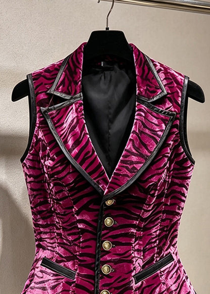 Stylish Rose Notched Button Striped Waistcoat Sleeveless