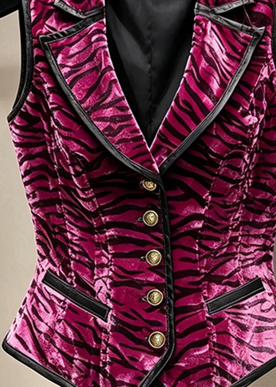Stylish Rose Notched Button Striped Waistcoat Sleeveless