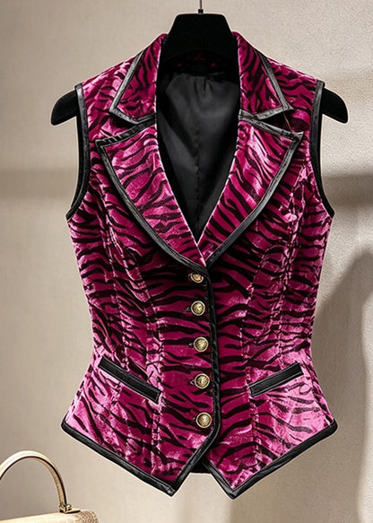 Stylish Rose Notched Button Striped Waistcoat Sleeveless