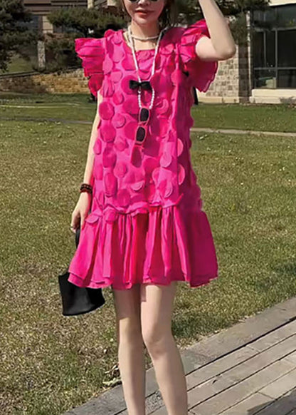 Stylish Rose O Neck Petal Patchwork Chiffon Dress Butterfly Sleeve