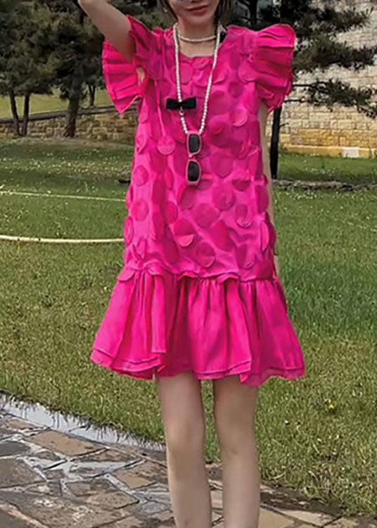 Stylish Rose O Neck Petal Patchwork Chiffon Dress Butterfly Sleeve