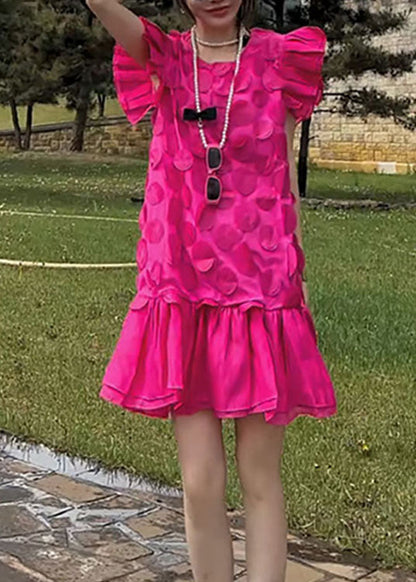 Stylish Rose O Neck Petal Patchwork Chiffon Dress Butterfly Sleeve