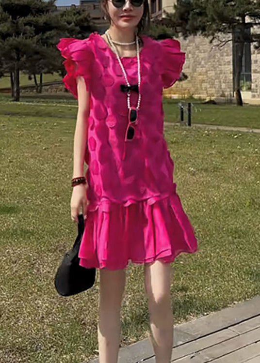 Stylish Rose O Neck Petal Patchwork Chiffon Dress Butterfly Sleeve