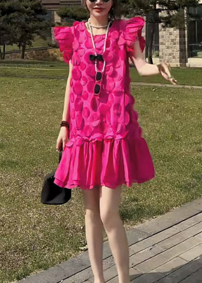 Stylish Rose O Neck Petal Patchwork Chiffon Dress Butterfly Sleeve