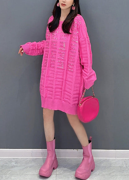 Stylish Rose O Neck Zircon Patchwork Knit Sweaters Dress Fall