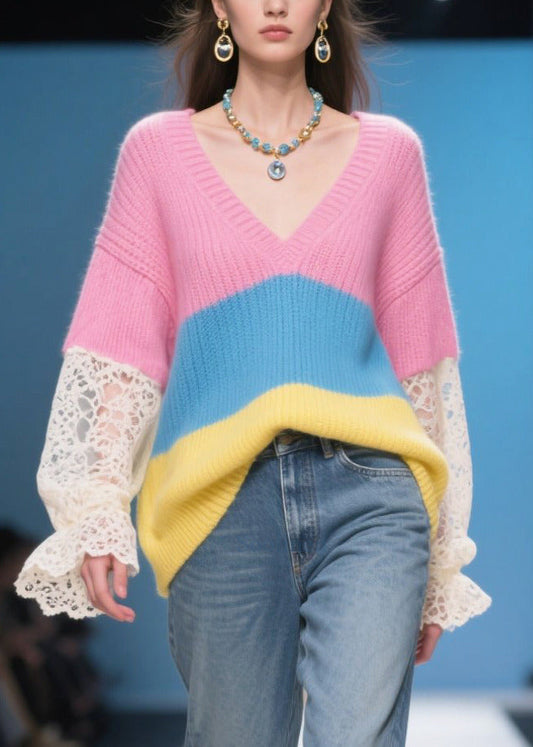Stylish Rose Oversized Patchwork Lace Knit Pullover Fall