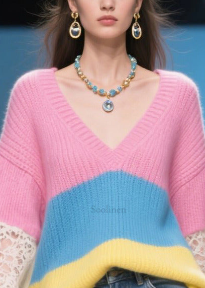 Stylish Rose Oversized Patchwork Lace Knit Pullover Fall