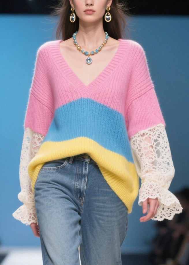 Stylish Rose Oversized Patchwork Lace Knit Pullover Fall