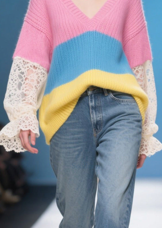 Stylish Rose Oversized Patchwork Lace Knit Pullover Fall
