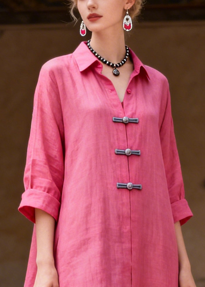 Stylish Rose Peter Pan Collar Chinese Button Cotton Maxi Dresses Summer