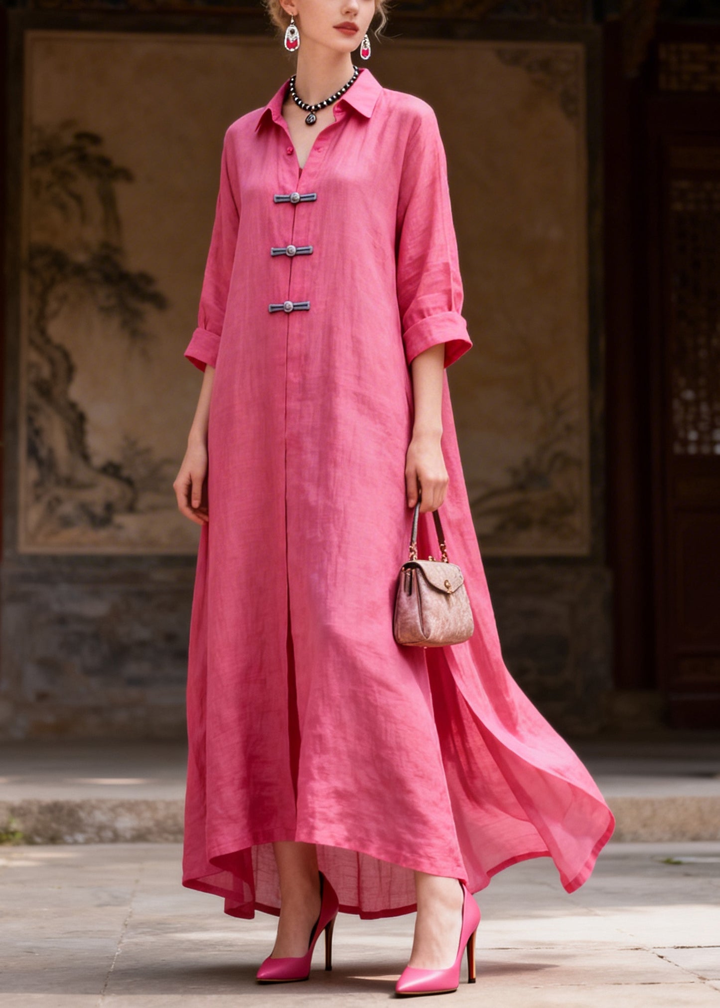 Stylish Rose Peter Pan Collar Chinese Button Cotton Maxi Dresses Summer