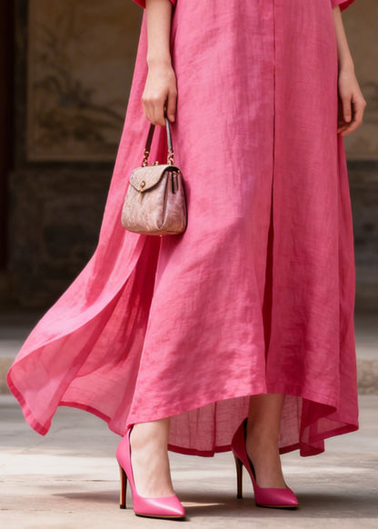 Stylish Rose Peter Pan Collar Chinese Button Cotton Maxi Dresses Summer