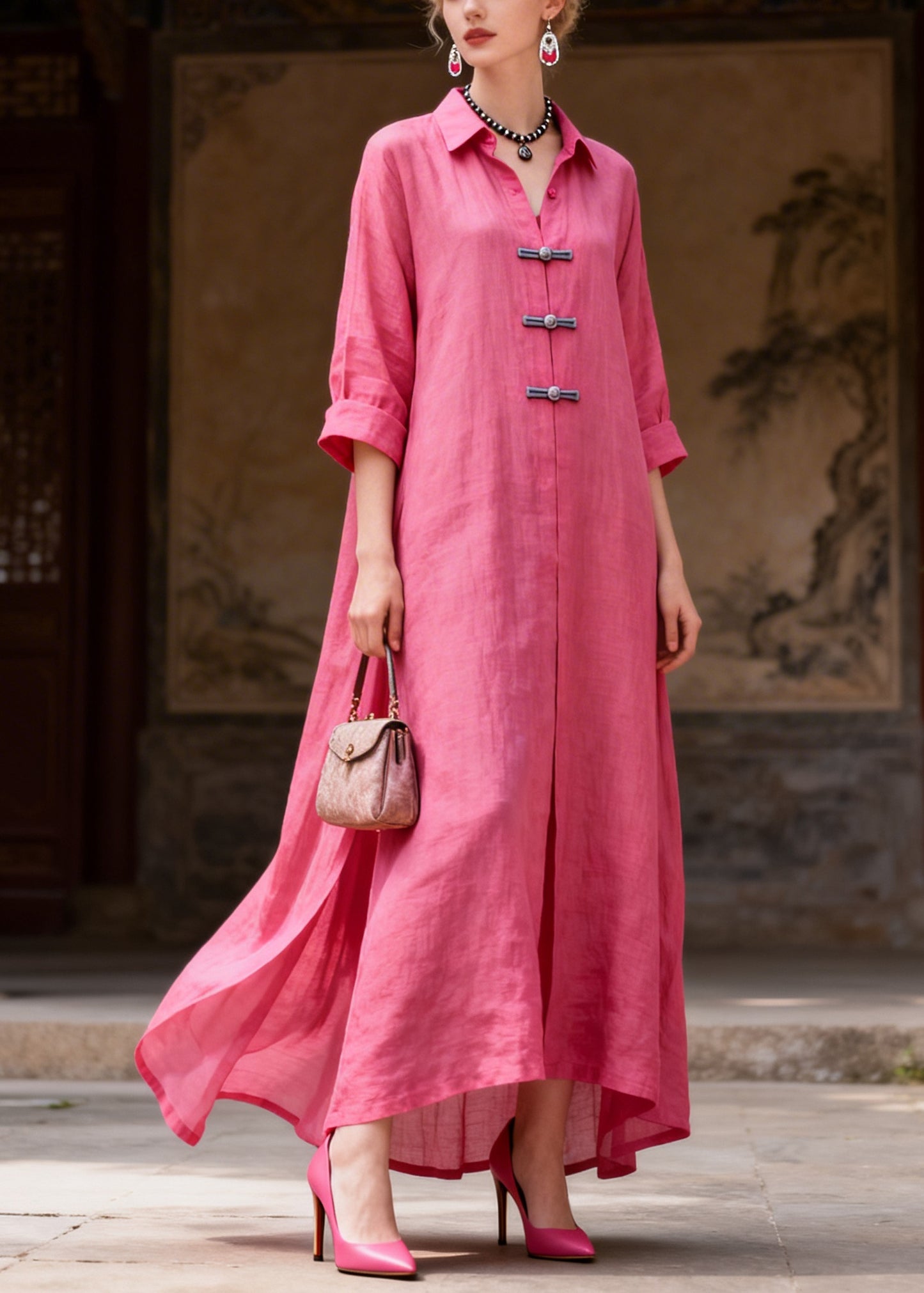 Stylish Rose Peter Pan Collar Chinese Button Cotton Maxi Dresses Summer