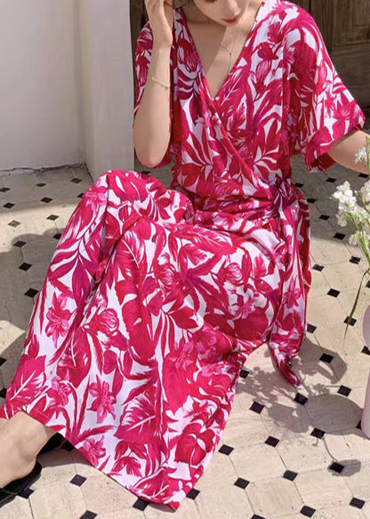 Stylish Rose Print Side Open Cotton Maxi Dress Summer