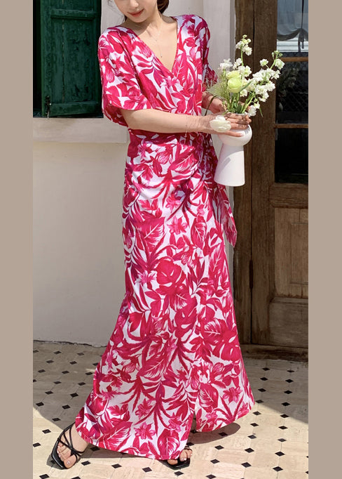 Stylish Rose Print Side Open Cotton Maxi Dress Summer