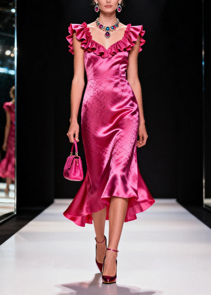 Stylish Rose Ruffled Patchwork Silk Long Dress Summer