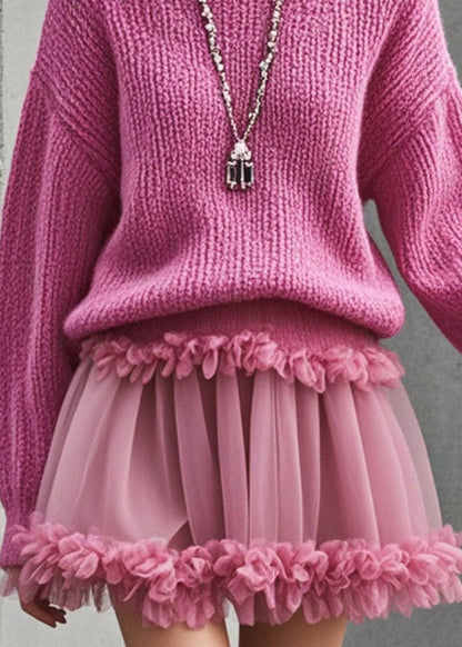 Stylish Rose Ruffled Patchwork Tulle Knit Sweater Dress Fall