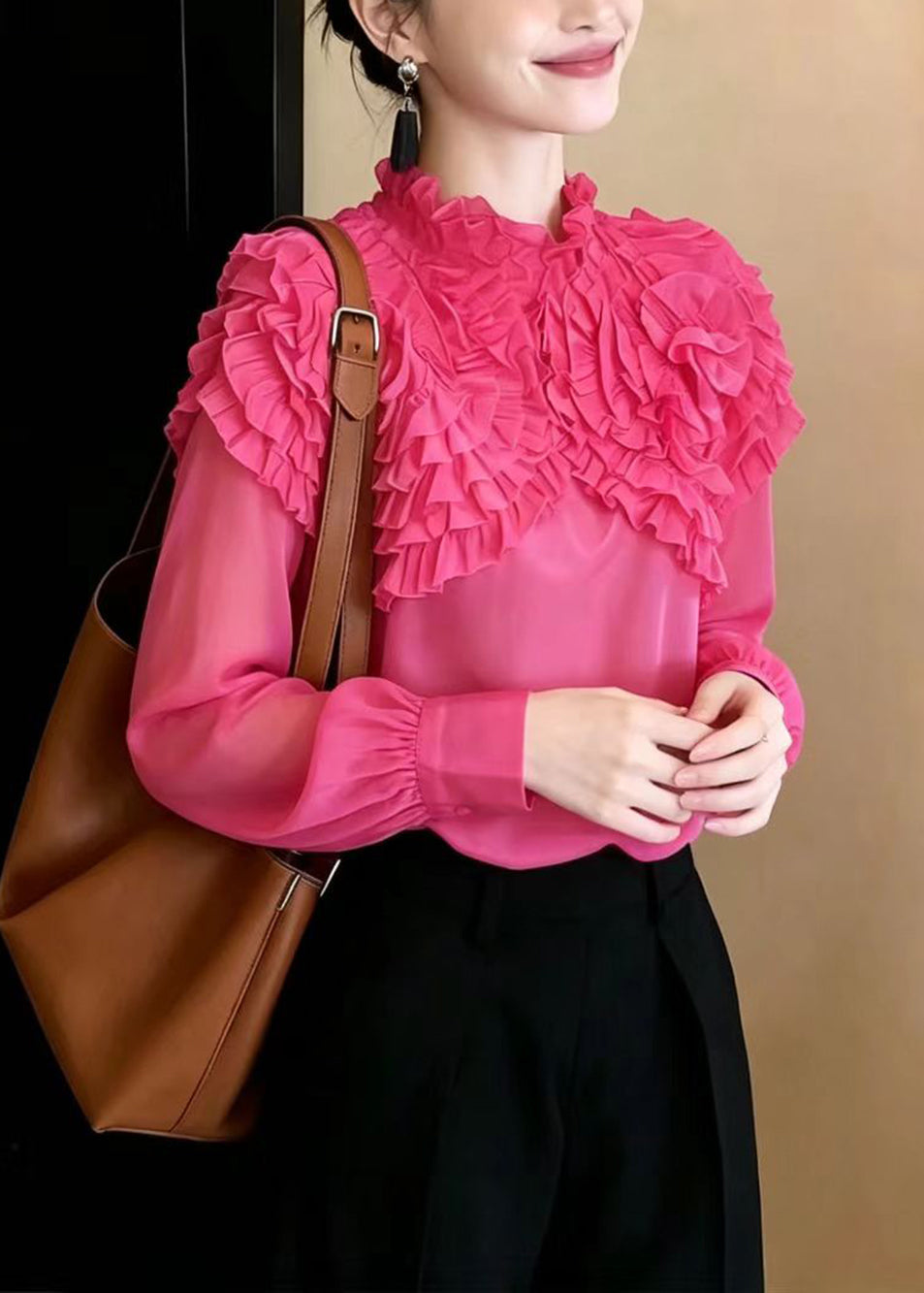 Stylish Rose Stand Collar Stereoscopic Floral Blouses Fall