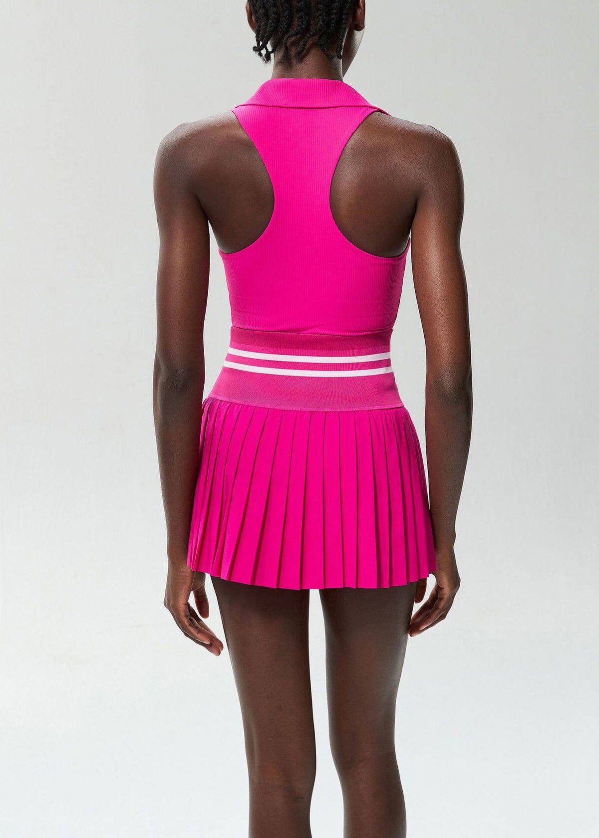 Stylish Rose Turn-Down Collar Sleeveless High Waist Built-In Shorts Pleated Skirt Athletic Two Piece Set