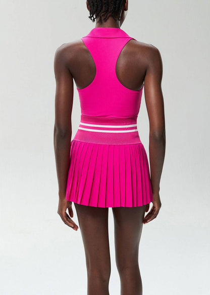 Stylish Rose Turn-Down Collar Sleeveless High Waist Built-In Shorts Pleated Skirt Athletic Two Piece Set