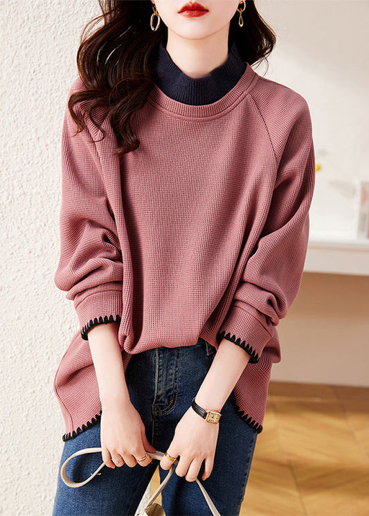Stylish Rubber Red Stand Collar Patchwork Cotton Pullover Sweatshirt Spring